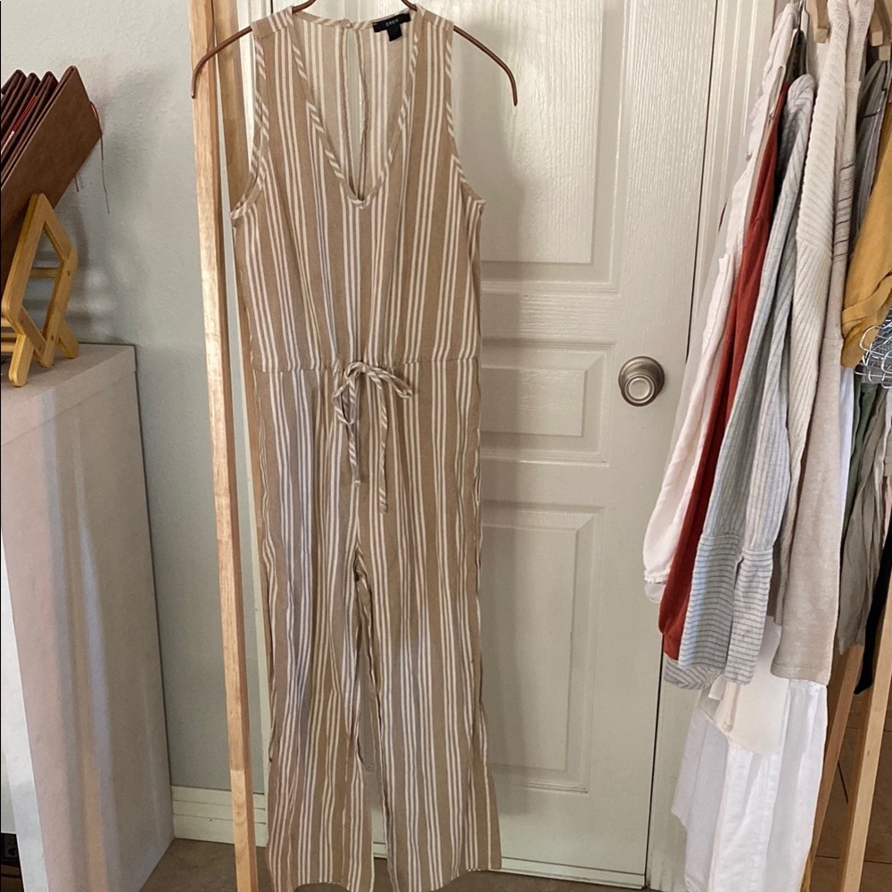 DREW Tan and White Sleeveless V-Neck Sundress